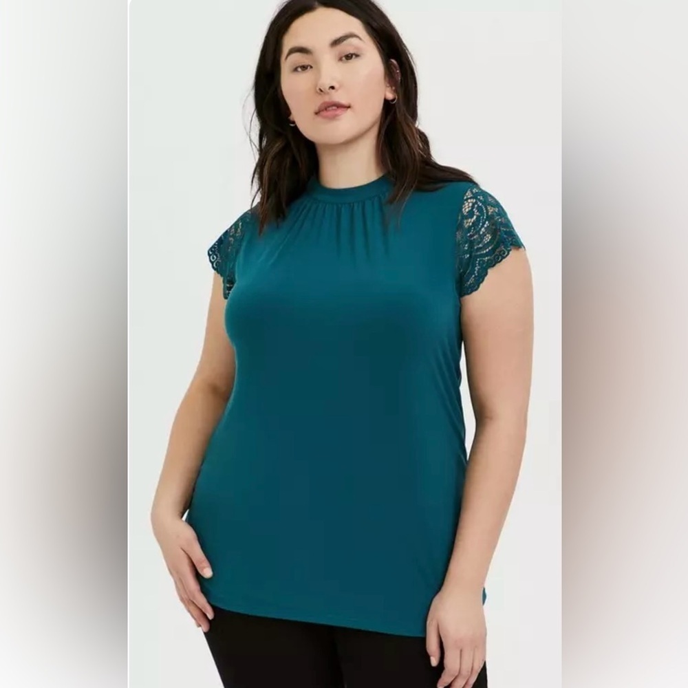 Torrid Studio Knit Crew Neck Keyhole Lace Sleeve Top Deep Teal Sz 4